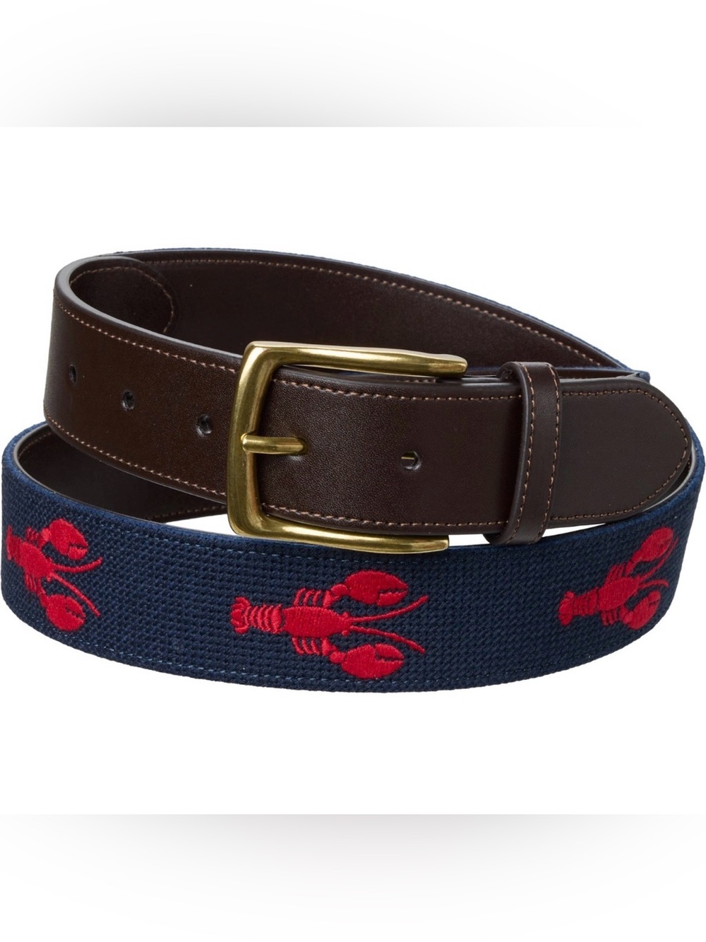 NWT Original Penguin Navy Lobster Embroidered Web Belt W/Brown Leather Trim- 38